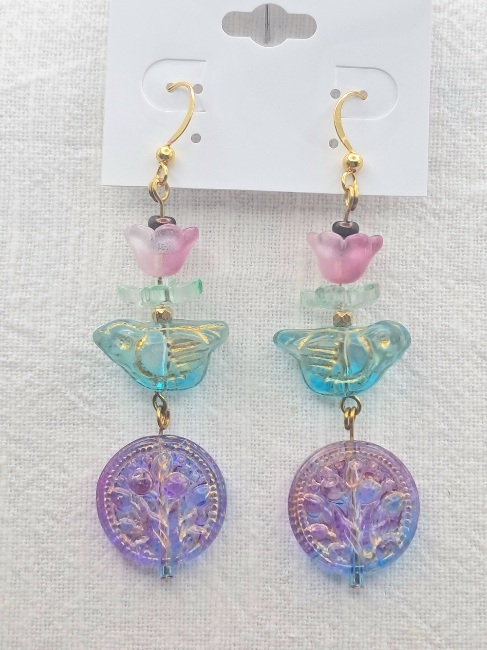 Nature Inspired Czech Glass Bird & Floral Drop Dangle Earrings Jewelry Colorful - Picture 3 of 8